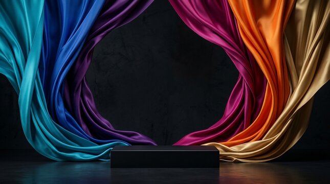 Vibrant fabric swirls frame empty pedestal stage