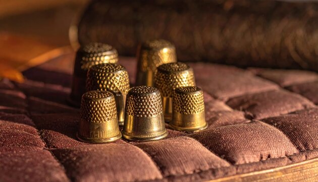 Collection of vintage golden metal thimbles resting on a textured reddish-brown fabric surface