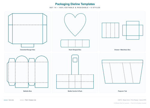 Set of 6 packaging box die cut templates - editable dieline mockup with clamshell burger box, heart shaped box, drawer / matchbox box, ballotin box, bottle carrier 6-pack, popcorn tub, vector cardboar