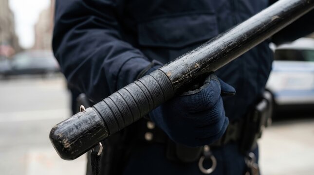 Police officer holding a wooden nightstick in uniform during patrol