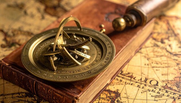 Gleaming antique brass astrolabe rests on a vintage leather-bound book, showcasing historical navigation and scientific exploration.
