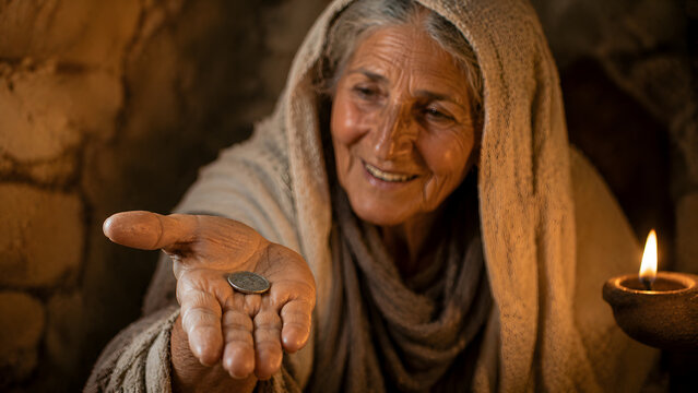 An elderly woman holding a single silver coin in her palm, illustrating the biblical parable of the widows mite with warmth and devotion
