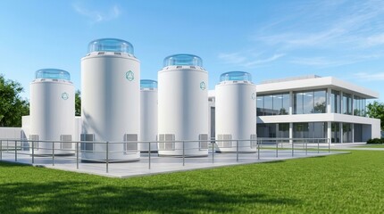 Fototapeta premium Group of SMR small modular nuclear reactors powering a large scale data center facility.