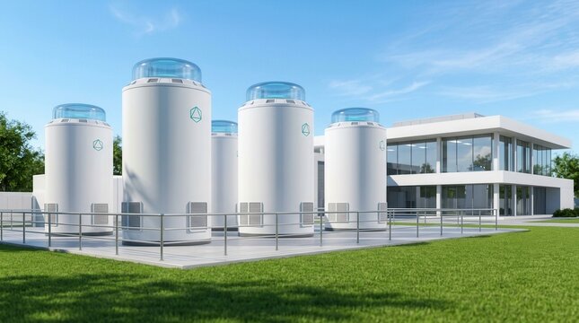 Group of SMR small modular nuclear reactors powering a large scale data center facility.