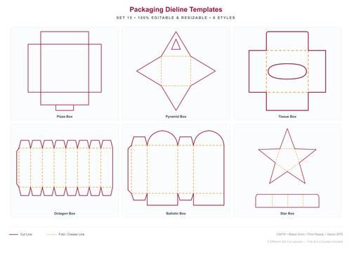 Set of 6 packaging box die cut templates - editable dieline mockup with pizza box, pyramid box, tissue box, octagon box, ballotin box, star box, vector cardboard packaging layout with fold and cut lin