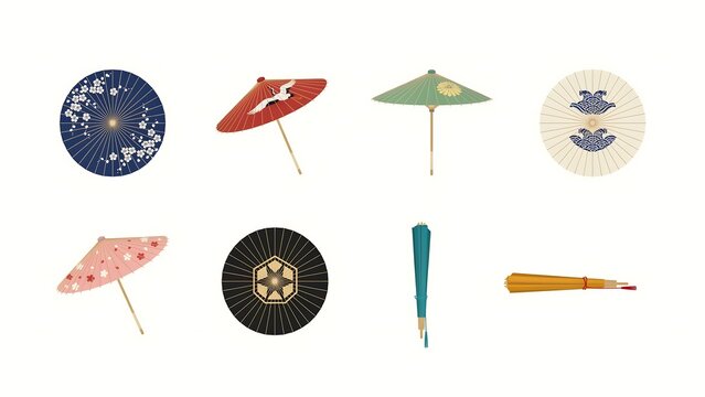 Collection of traditional Japanese paper umbrellas in various colors and patterns isolated on white background