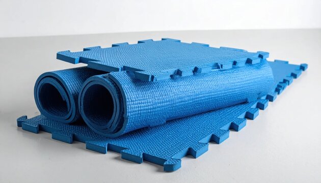 Stacked blue interlocking foam puzzle mats rolled and unrolled for fitness and play