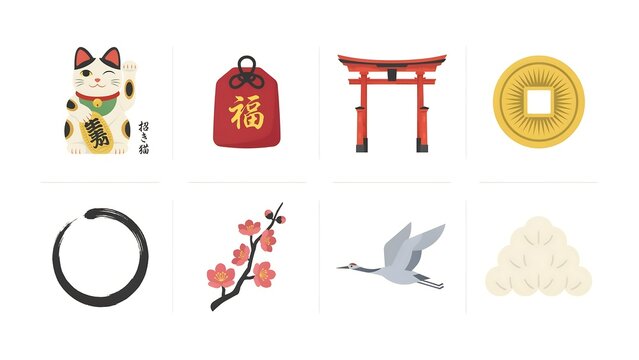 Set of traditional Japanese cultural icons and symbols illustrated in a flat minimalist vector art style