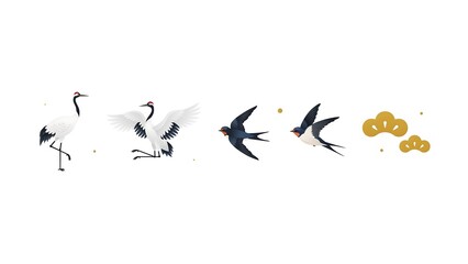 Obraz premium Japanese red crowned cranes and swallows flying with golden pine tree icons in a minimalist vector illustration