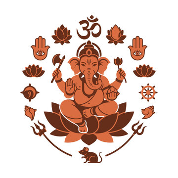 Brown lord ganesha with om symbol and lotus flower vector illustration for hindu festival design