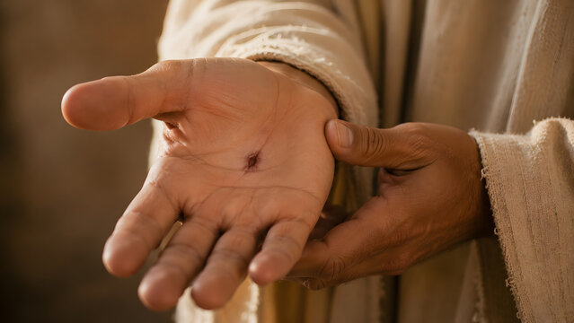 Close up of the hand of jesus christ showing a wound mark from the crucifixion