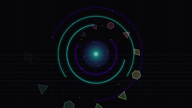 Abstract futuristic science fiction digital interface featuring neon concentric circles and a glowing blue central core on a dark grid background