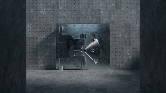 Massive circular bank vault door set into a rough concrete wall, illuminated by dramatic lighting that highlights polished steel details
