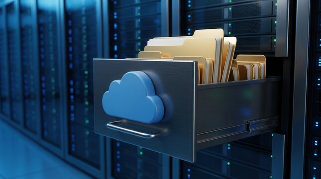 Digital cloud storage technology featuring files inside a high-tech server rack.
