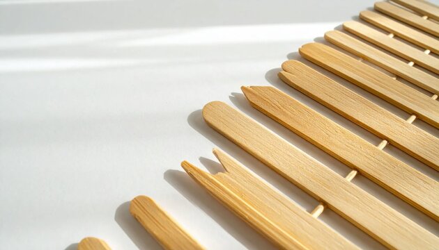 Natural Wooden Craft Sticks Arranged Diagonally with Strong Sunlight and Shadows