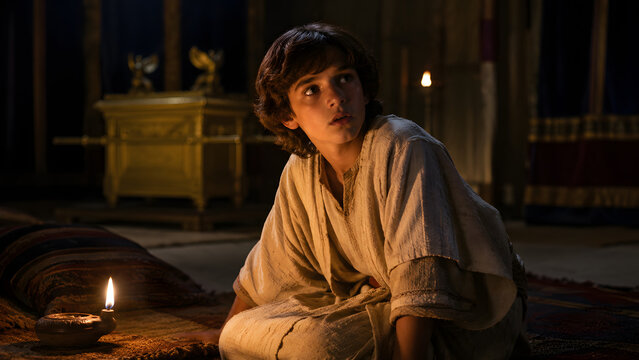 Young samuel in the tabernacle by candlelight, biblical scene depicting the boy prophet listening to the voice of god near the ark of the covenant