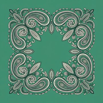 Elegant green and white paisley bandana pattern with traditional ornate floral swirl motifs and decorative ethnic borders