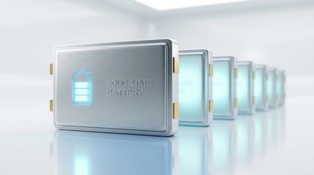 Multiple solid-state batteries showing energy levels with a glowing battery icon.