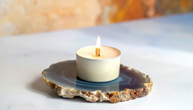 A lit soy wax candle with a glowing flame sits atop a polished agate slice