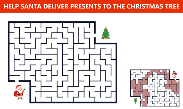 Christmas rectangular maze game for kids with answer key included, perfect for winter holiday kids activity books, preschool printable worksheets, and festive kindergarten school materials