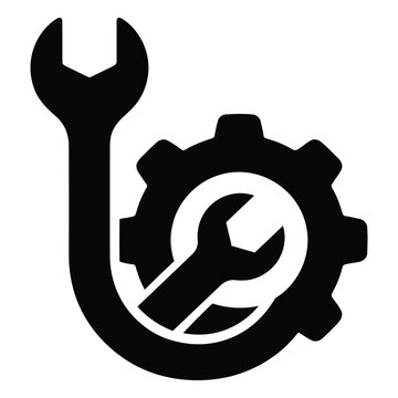Black and white mechanical emblem with gear and curved wrench for automotive repair service logo