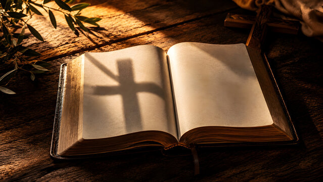 Open bible on a rustic wooden table with a shadow of a cross cast across the pages, accompanied by olive branches and warm sunlight, symbolizing peace