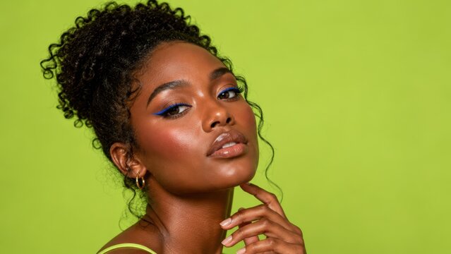 Closeup portrait of woman with curly hair and bold blue eyeliner posing against bright green background, expressive beauty makeup and confident gaze, concept of cosmetics, fashion and self expression