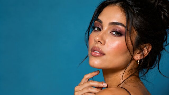 Closeup portrait of woman with dark hair and glossy makeup posing against blue background, touching her neck with a confident gaze, concept of beauty, cosmetics, fashion and self expression