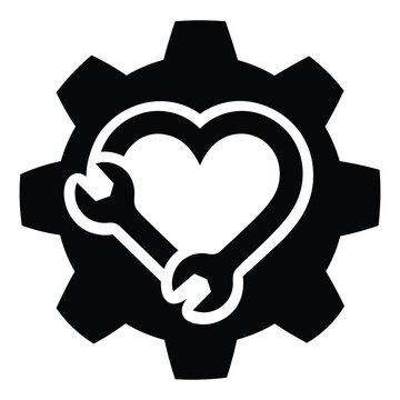 Maintenance emblem with cogwheel and heart wrench for technical support and repair passion logo icon