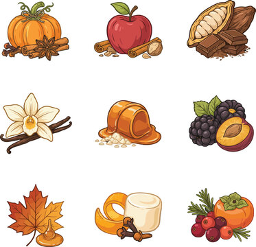 Autumn harvest ingredients with spices and sweets for seasonal baking and cooking vector illustration