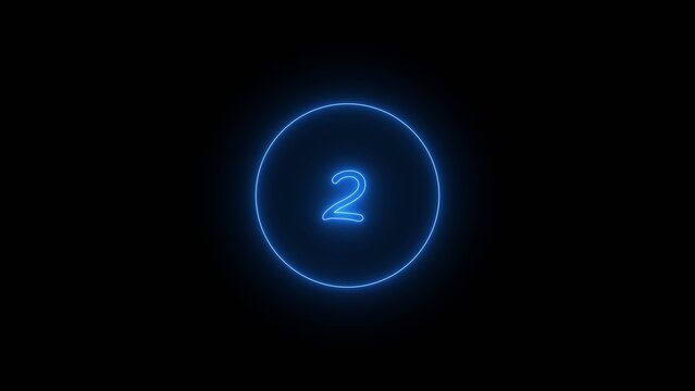 Neon bright countdown timer from 2 second's blue color 4k illustration. Simple 2 second's countdown timer with dashed circle black background 4k illustration.