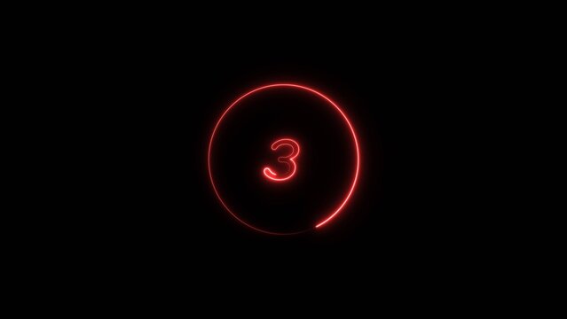 Neon bright countdown timer from 3 second's red color 4k illustration. Simple 3 second's countdown timer with dashed circle black background 4k illustration.