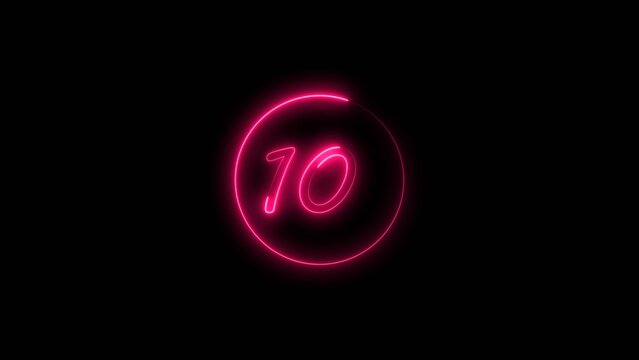 Neon bright countdown timer from 10 second's red color 4k illustration. Simple 10 second's countdown timer with dashed circle black background 4k illustration.