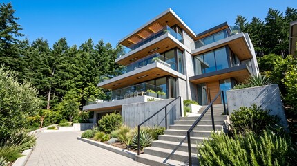 Fototapeta premium Modern luxury multi-story house with glass balconies and stone stairs