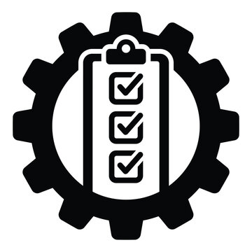 Black and white gear with clipboard checklist icon for quality control inspection management system