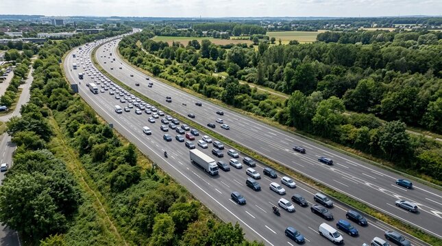 Aerial view of heavy highway traffic congestion with cars and trucks moving slowly surrounded by lush green trees.