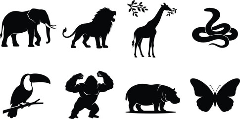 Naklejka premium Vector collection of wild safari and jungle animal silhouettes isolated on white background