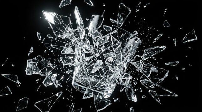 A glass tumbler shattering into many sharp shards against a black background