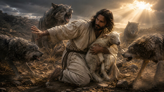 Jesus christ kneeling in a rocky desert landscape, protecting a small lamb from a pack of aggressive wolves, cinematic lighting and dramatic atmosphere