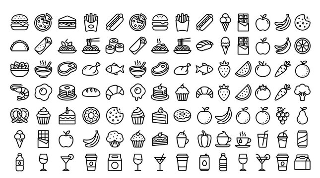 Food and Drink Thin Line Icon Set with Editable Stroke Symbols for Restaurant Menus, Fast Food, Fruits, Vegetables, Desserts, Coffee, Tea, and Beverages