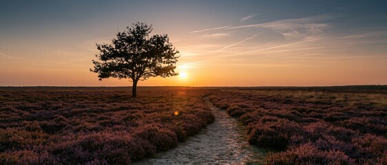 Naklejka premium The Tree at Sunset Over a Vast Lavender Field Path