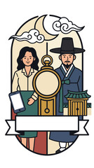 Obraz premium Korean couple in traditional and modern attire with cultural landmarks vector