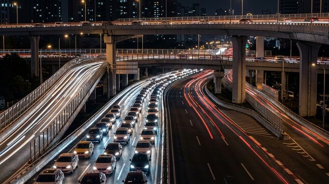 Busy highway merging bottleneck at night with streaking car lights and urban city lights