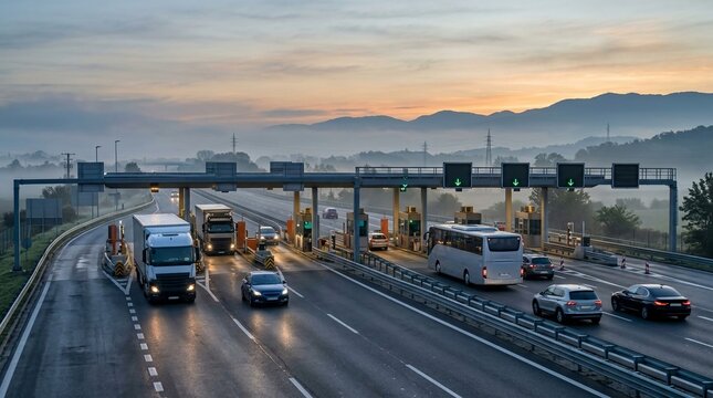 Busy highway toll plaza at dawn with cars and trucks flowing through illuminated lanes.