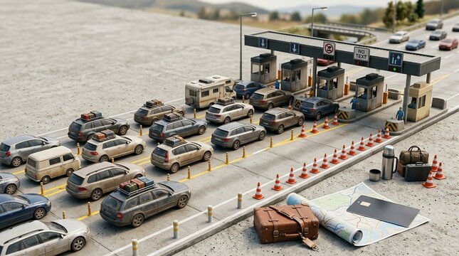 Busy highway toll plaza with multiple lanes of cars and RVs forming a long queue, showing traffic congestion and travel delays