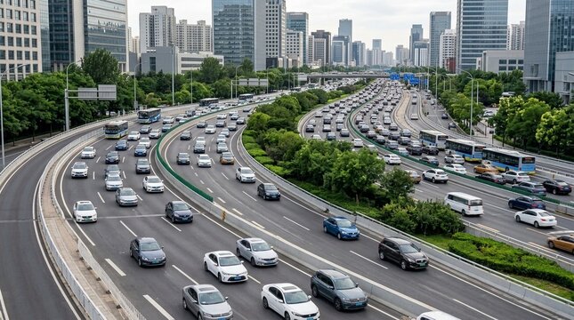 Busy Metropolitan Ring Road During Peak Hour With Cars and Skyscrapers Under Overcast Sky