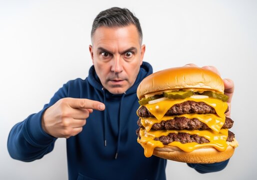 Surprised Man Pointing At Huge Triple Cheeseburger With Melting Cheese And Pickles On White Background