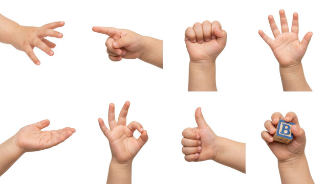 Collection of Diverse Child Hand Gestures Showing Communication and Emotion