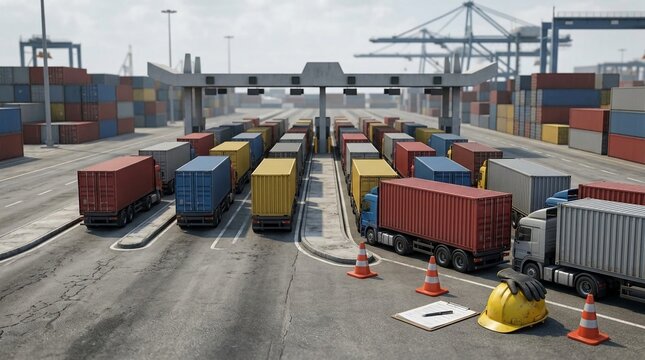 Busy Port Gate Bottleneck with Rows of Container Trucks Under a Cloudy Sky