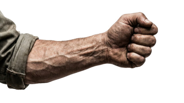 Muscular arm with clenched fist showing veins and strength against black